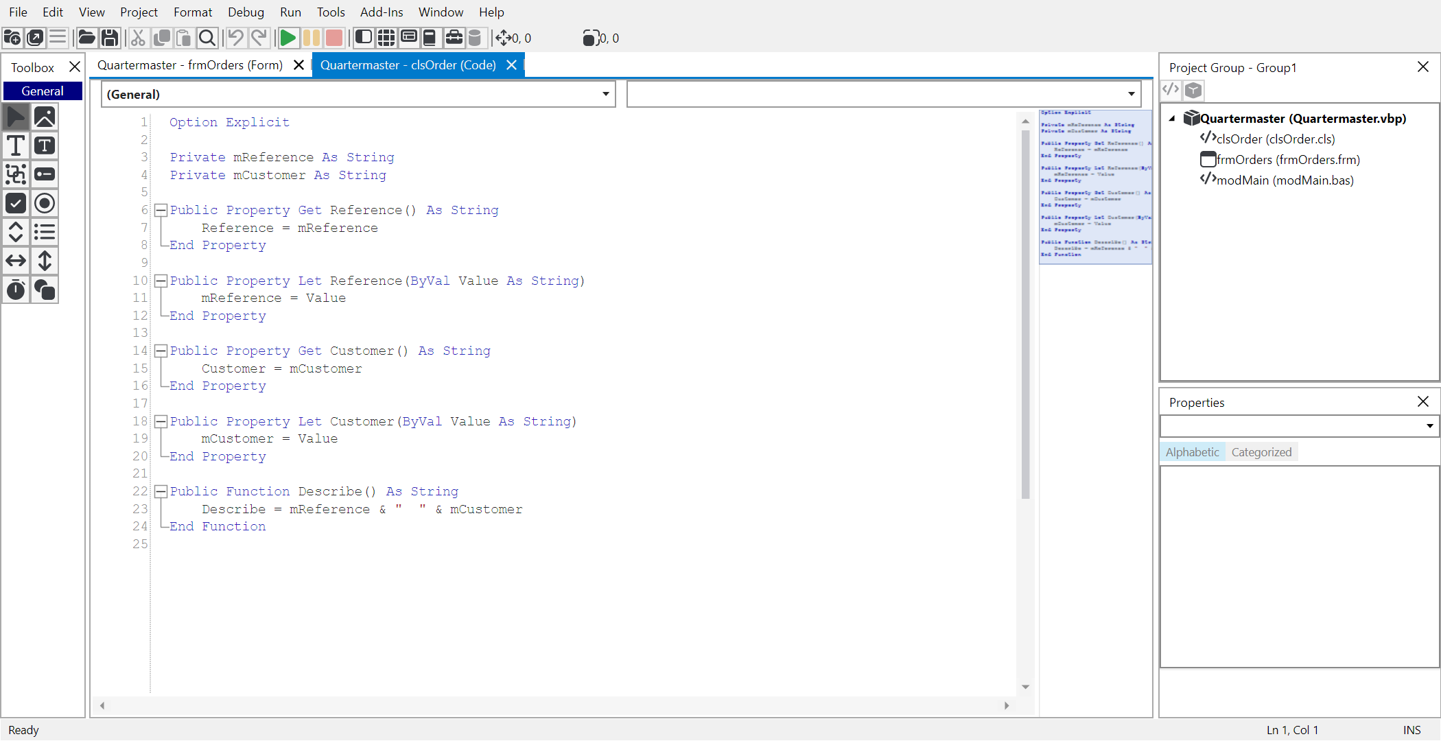 The HexIDE code editor showing a VB6 class with Property Get and Property Let procedures, with line numbers, folding markers, syntax colouring and a minimap.