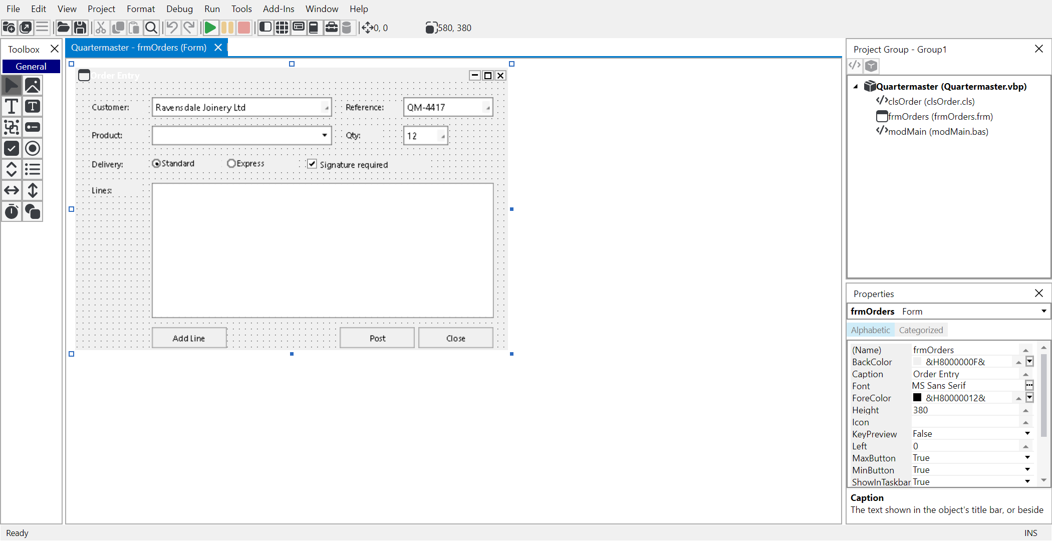 HexIDE with an order-entry form open in the designer: toolbox docked left, the form on its dotted grid with text boxes, combo boxes, option buttons, a check box and command buttons, and the project explorer and properties window docked right.
