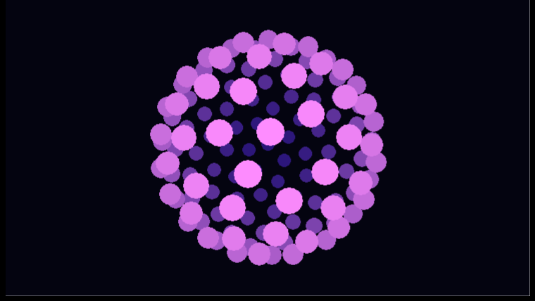 NeonVertigo running: a rotating sphere of glowing vector balls shaded from magenta to blue.